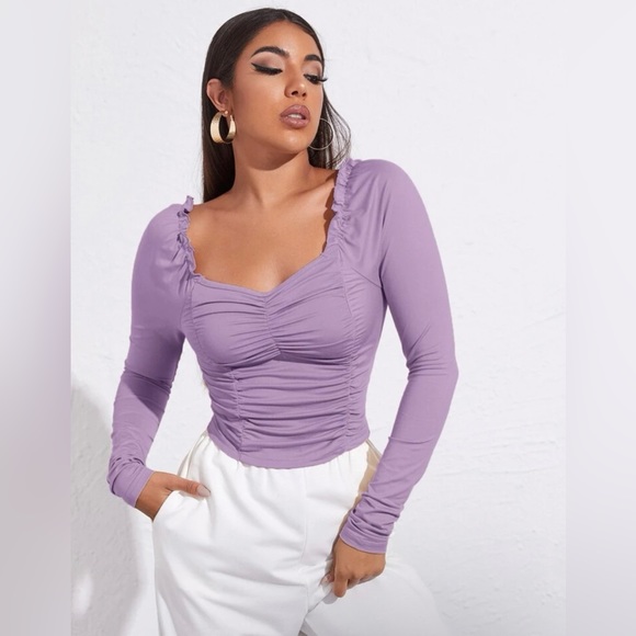 ❣️3/$30 SHEIN Sweetheart Neck Frill Trim Ruched Top - Picture 1 of 8